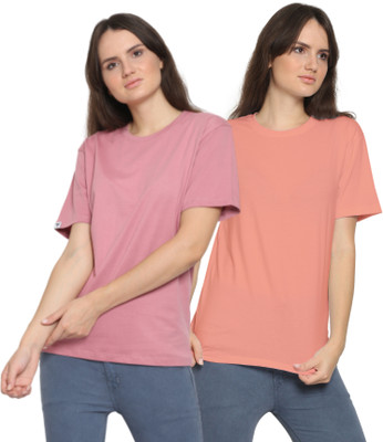 YouthPoi Solid Women Round Neck Pink, Orange T-Shirt