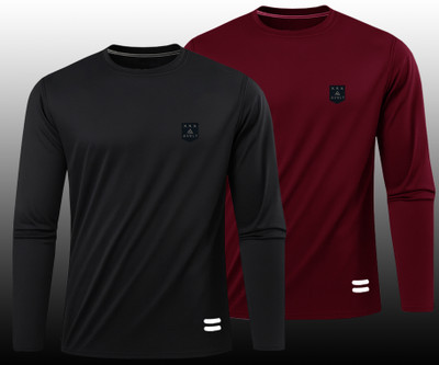 AVOLT Self Design Men Round Neck Black, Maroon T-Shirt