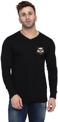 GEUM Printed Men V Neck Black T-Shirt