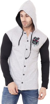GEUM Solid Men Hooded Neck Black, Grey T-Shirt
