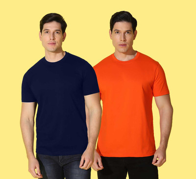 WOOSTRO Solid Men Round Neck Blue, Orange T-Shirt