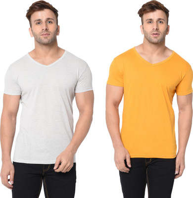 Tresna Trending Solid Men V Neck Grey, Yellow T-Shirt