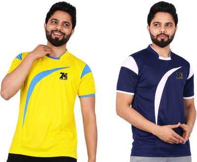 La Milano Solid Men Crew Neck Navy Blue, Yellow T-Shirt