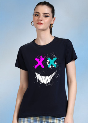 Moda Rapido Printed Women Round Neck Navy Blue T-Shirt