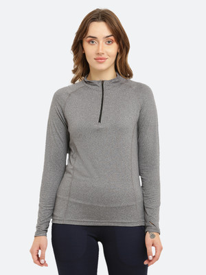 Xingr Solid Women Zip Neck Grey T-Shirt