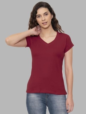 Genalpha Solid Women V Neck Maroon T-Shirt