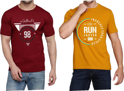 WOOSTRO Printed Men Round Neck Maroon, Brown T-Shirt