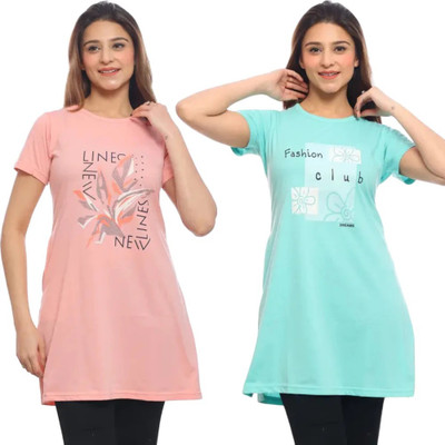 Pushti Fashion Printed Women Round Neck Light Blue, Beige T-Shirt