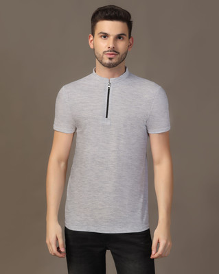 GEUM Solid Men Mandarin Collar Silver T-Shirt