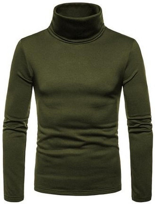 AUSK Solid Men Turtle Neck Dark Green T-Shirt