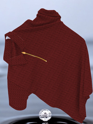 BURRMELLOW Self Design Men Zip Neck Maroon T-Shirt