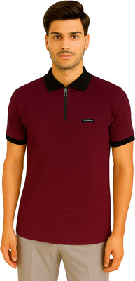 RMLKN Solid Men Zip Neck Maroon T-Shirt