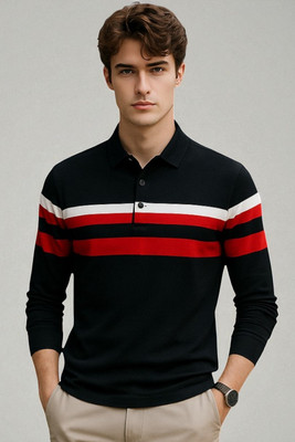 Autna Colorblock Men Polo Neck Black T-Shirt