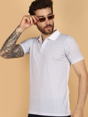 V-MART Printed Men Polo Neck White T-Shirt