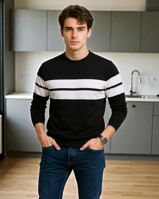 FASHIUM Striped Men Round Neck Black T-Shirt