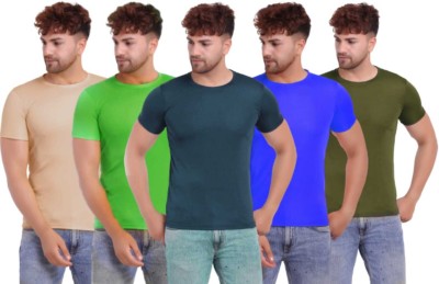 KASPY Solid Men Round Neck Beige, Dark Green, Green, Blue, Dark Blue T-Shirt