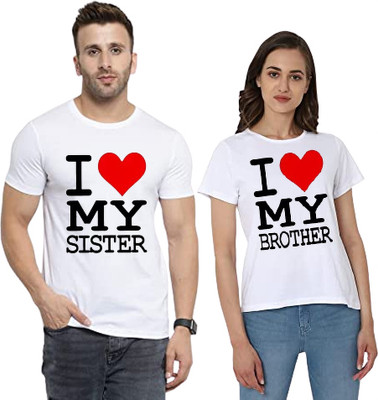 BigArk Printed Couple Round Neck White T-Shirt