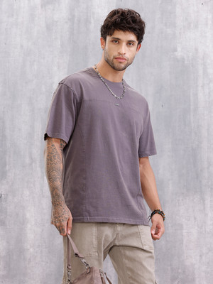 WROGN Solid Men Crew Neck Grey T-Shirt