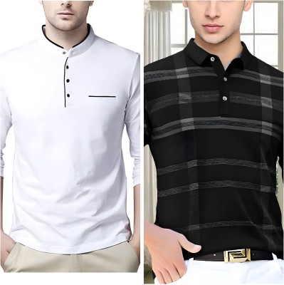 TEE TREE Solid Men Henley Neck White, Black T-Shirt