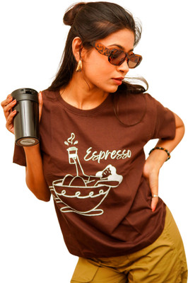 YURA Printed Women Round Neck Brown T-Shirt