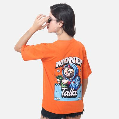 Hokum Geometric Print Women Round Neck Orange T-Shirt