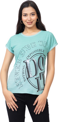 GFO Printed Women Round Neck Light Blue T-Shirt