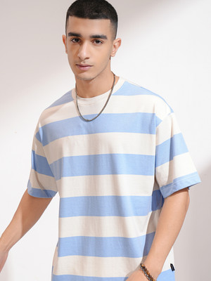 HIGHLANDER Striped Men Round Neck White T-Shirt
