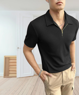 FARROWX Striped Men Polo Neck Black T-Shirt