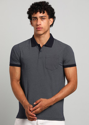 PARX Printed Men Polo Neck Dark Blue T-Shirt