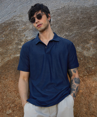 CAMPUS SUTRA Solid Men Polo Neck Blue T-Shirt