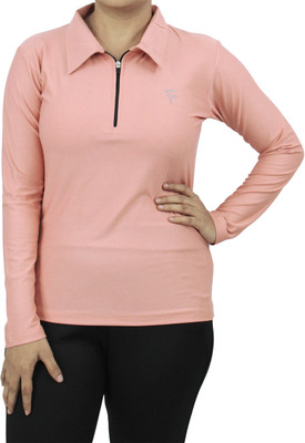 Ayvina Solid Women Zip Neck Pink T-Shirt