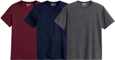 FRIZZLAND Solid Men Round Neck Grey, Navy Blue, Maroon T-Shirt