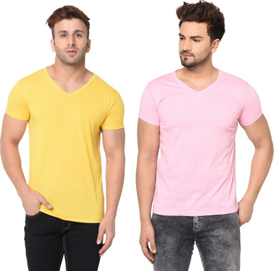 Moordale Fab Solid Men V Neck Pink, Yellow T-Shirt