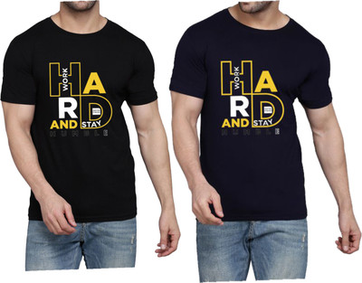 WOOSTRO Printed Men Round Neck Black, Dark Blue T-Shirt