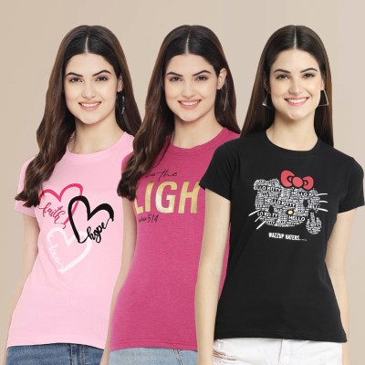 METRONAUT Printed Women Round Neck Pink, Black T-Shirt