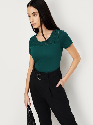 MAX Printed Women Round Neck Dark Green T-Shirt