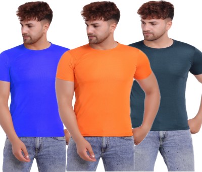 KASPY Solid Men Round Neck Dark Blue, Blue, Orange T-Shirt