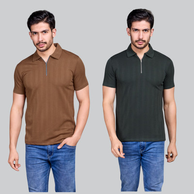 I&D Solid Men Polo Neck Brown T-Shirt