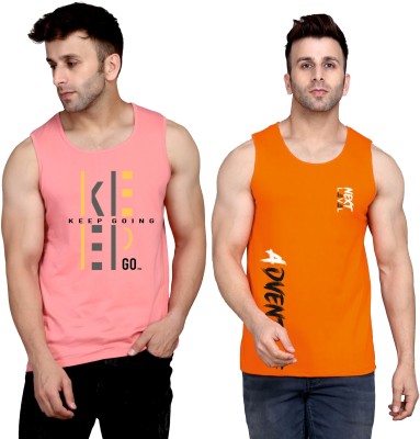 SLOWLORIS Printed Men Round Neck Pink, Orange T-Shirt