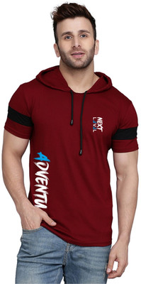 SLOWLORIS Typography Men Hooded Neck Maroon T-Shirt
