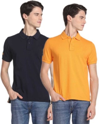 R S Fashion Solid Men Polo Neck Yellow, Navy Blue T-Shirt