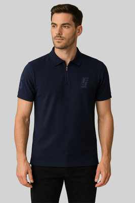 GO BIRDY Solid Men Polo Neck Navy Blue T-Shirt