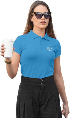 Fighterhero Solid Women Polo Neck Blue T-Shirt