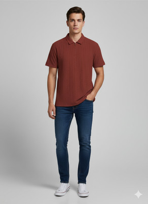 RIDHUDEE Solid Men Polo Neck Orange T-Shirt