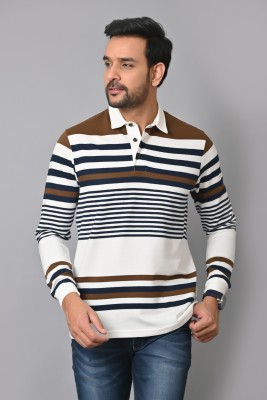 Arbour Striped Men Polo Neck White, Navy Blue, Brown T-Shirt
