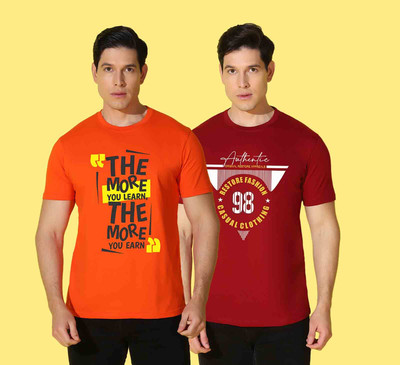 WOOSTRO Printed Men Round Neck Red, Orange T-Shirt