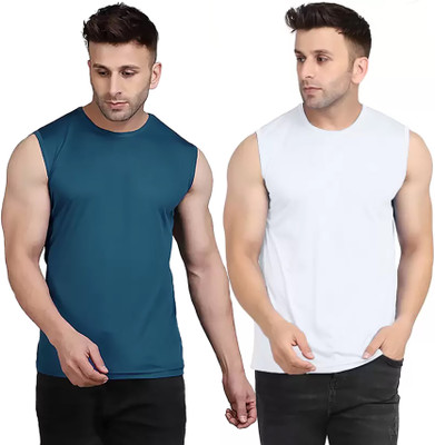 MR THINK Solid Men Round Neck Blue, White T-Shirt