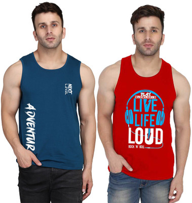 SLOWLORIS Printed Men Scoop Neck Red, Dark Blue T-Shirt