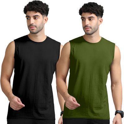 Adorbs Solid Men Round Neck Black, Dark Green T-Shirt