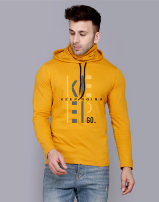 SLOWLORIS Printed, Typography Men Hooded Neck Yellow, White T-Shirt